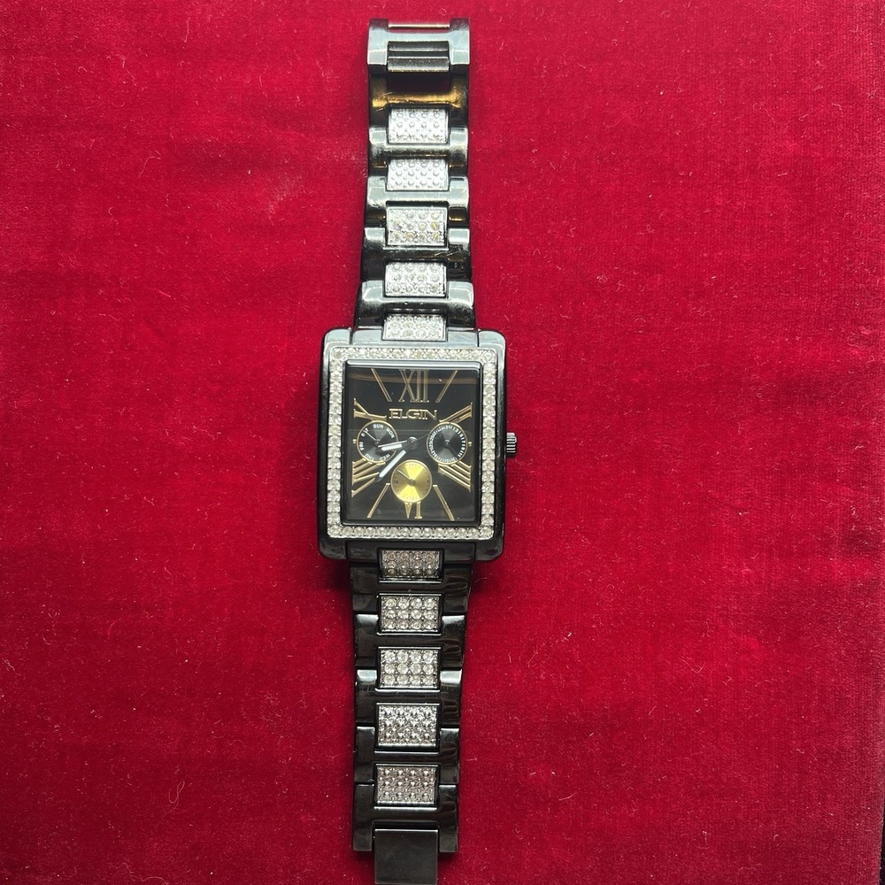 New Elgin Men`s Black IP Crystal Band & Dial Multifunction Quartz‎ Watch FG10003
